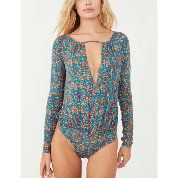 Free People Kaya Floral Printed Plunge Neckline Long Sleeve Bodysuit Turquoise - Picture 2 of 13